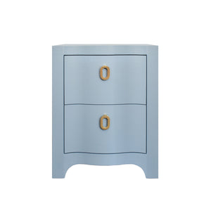 CURVED FRONT SIDE TABLE WITH TWO DRAWERS IN LIGHT BLUE TEXTURED LINEN WITH SATIN BRASS RING HARDWARE