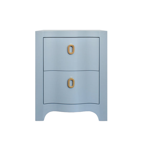 CURVED FRONT SIDE TABLE WITH TWO DRAWERS IN LIGHT BLUE TEXTURED LINEN WITH SATIN BRASS RING HARDWARE