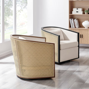 Marilyn Linen Swivel Accent Arm Chair w/ Rattan Black Frame, Shortbread/Natural