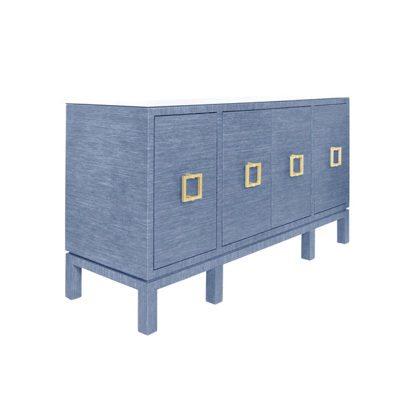 FOUR DOOR BUFFET WITH LARGE BRASS SQUARE HARDWARE IN BLUE DYED GRASSCLOTH