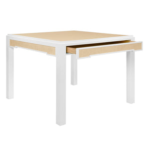 SQUARE TWO DRAWER GAME TABLE IN MATTE WHITE LACQUER FRAME AND INSET NATURAL GRASSCLOTH