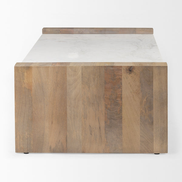Athens  48.0L x 28.0W x 16.0H Light Brown Wood and White Marble Coffee Table