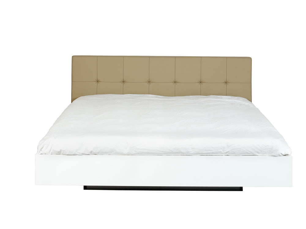 Floating modern King Bed - Tan Upholstery, White