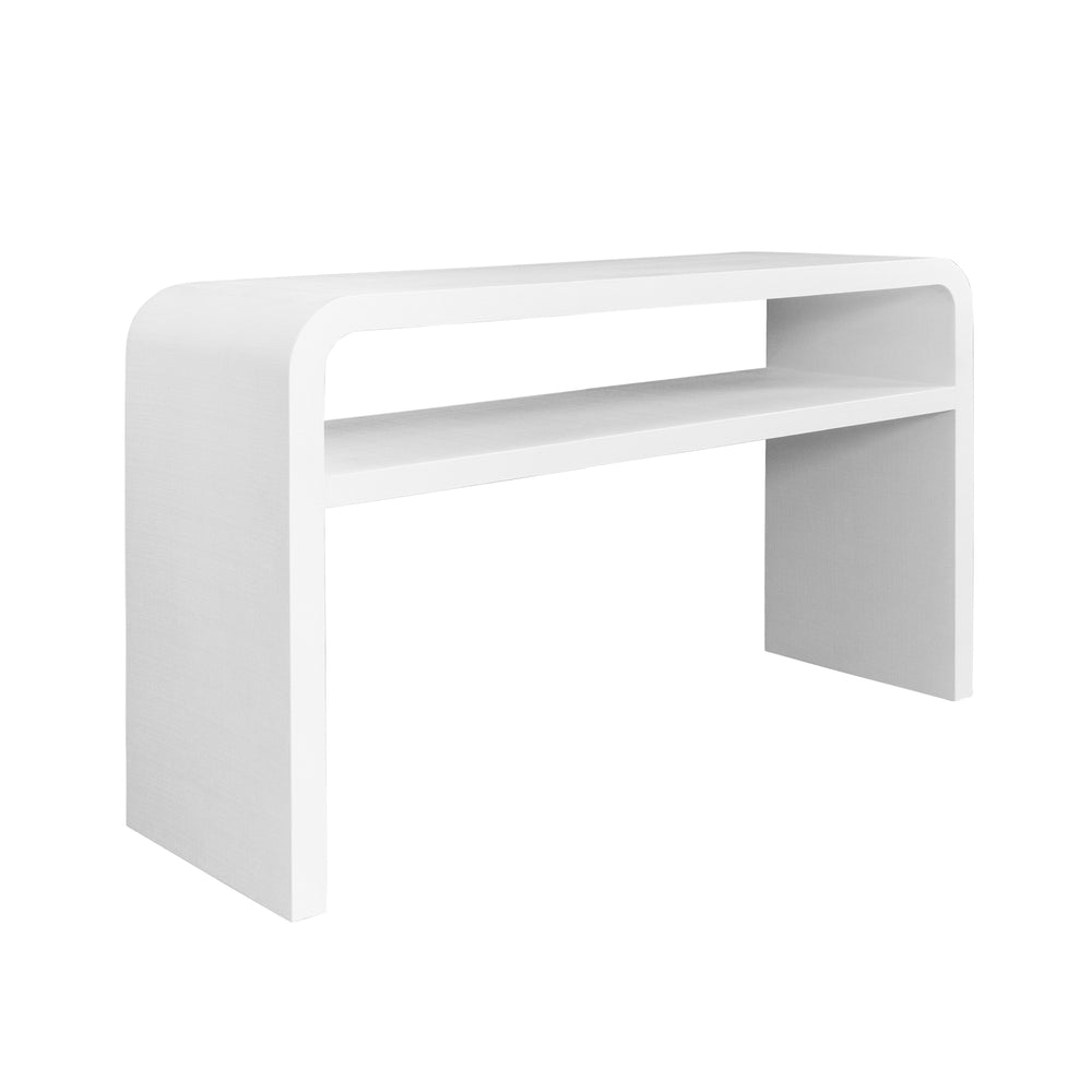 WATERFALL EDGE TWO TIER CONSOLE TABLE IN TEXTURED WHITE LINEN