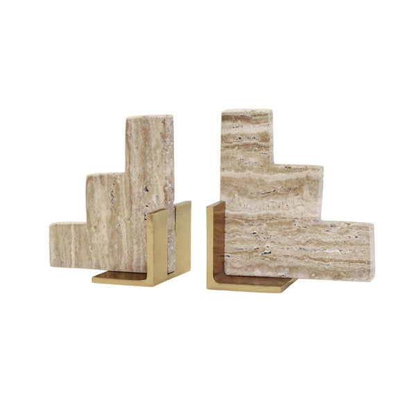 PAIR OF NATURAL TRAVERTINE STAIR STEP BOOKENDS WITH BRASS DETAIL