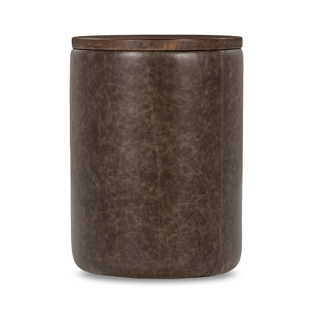 Andra Leather Round Accent Table in Cocoa Brown