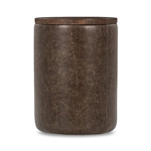 Andra Leather Round Accent Table in Cocoa Brown