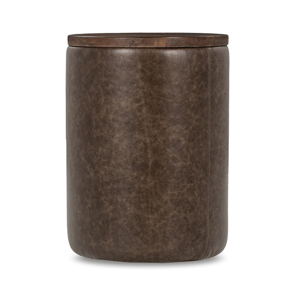 Andra Leather Round Accent Table in Cocoa Brown