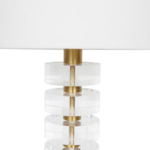 ACRYLIC AND BRUSHED BRASS STACK LAMP WITH WHITE LINEN SHADE
