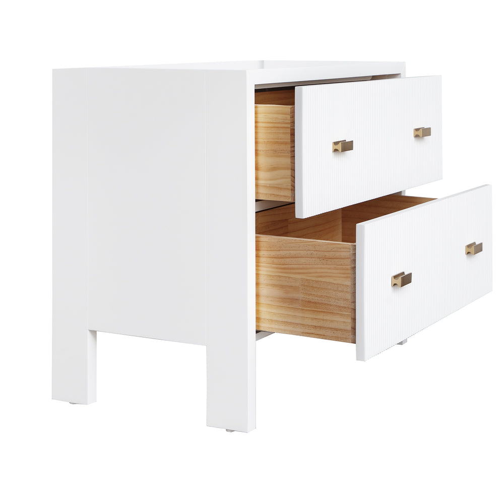 TWO DRAWER SIDE TABLE WITH FLUTED DETAIL IN MATTE WHITE LACQUER