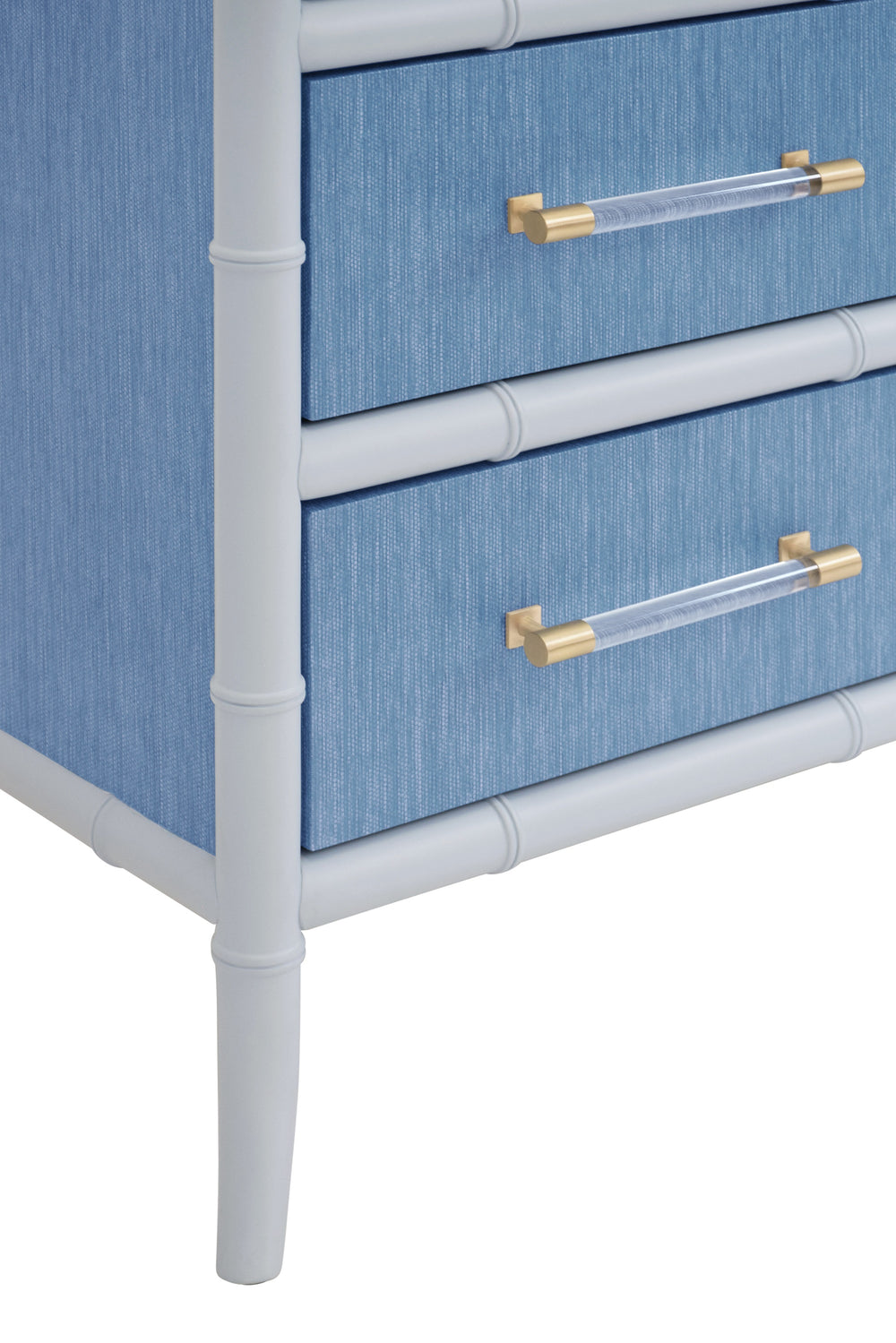 FOUR DRAWER CHEST WITH BAMBOO DETAIL IN BLUE DYED GRASSCLOTH AND LIGHT BLUE MATTE LACQUER
