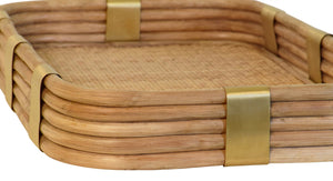 RECTANGULAR NATURAL RATTAN TRAY WITH BRASS RIM AND ROUNDED CORNERS