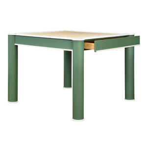 SQUARE TWO DRAWER ROUND LEG GAME TABLE IN MATTE GREEN LACQUER WITH MATTE WHITE LACQUER EDGING
