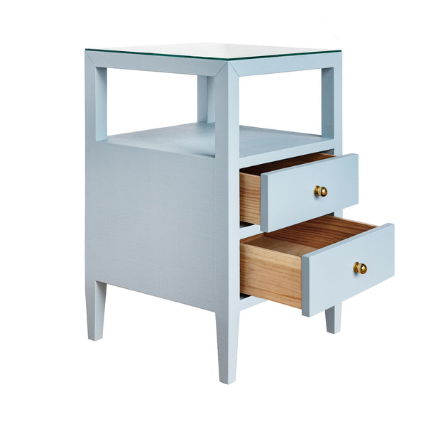 TWO DRAWER SIDE TABLE IN TEXTURED LIGHT BLUE LINEN WITH POLISHED BRASS KNOBS