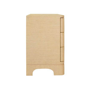 THREE DRAWER ROUNDED EDGE SIDE TABLE WITH BRASS BEETLE KNOB IN NATURAL GRASSCLOTH