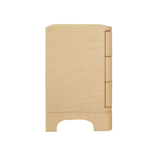 THREE DRAWER ROUNDED EDGE SIDE TABLE WITH BRASS BEETLE KNOB IN NATURAL GRASSCLOTH