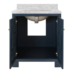 BATH VANITY IN MATTE NAVY LACQUER WITH CANE FRONT DOORS, WHITE MARBLE TOP, PORCELAIN SINK, AND POLISHED BRASS KNOBS