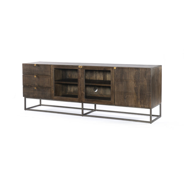 Kelby Media Console-Carved Vintage Brown