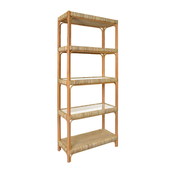 RATTAN ETAGERE WITH SEAGRASS WRAPPED AND CLEAR GLASS SHELVES