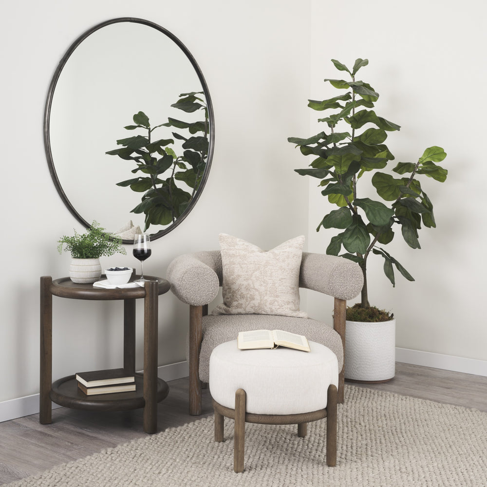 Gwynn Oatmeal Fabric w/ Dark Brown Wood Pouf