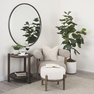 Gwynn Oatmeal Fabric w/ Dark Brown Wood Pouf
