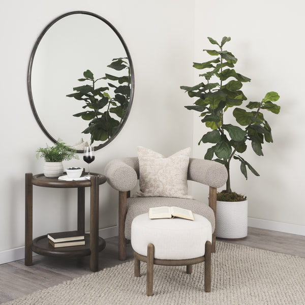 Gwynn Oatmeal Fabric w/ Dark Brown Wood Pouf