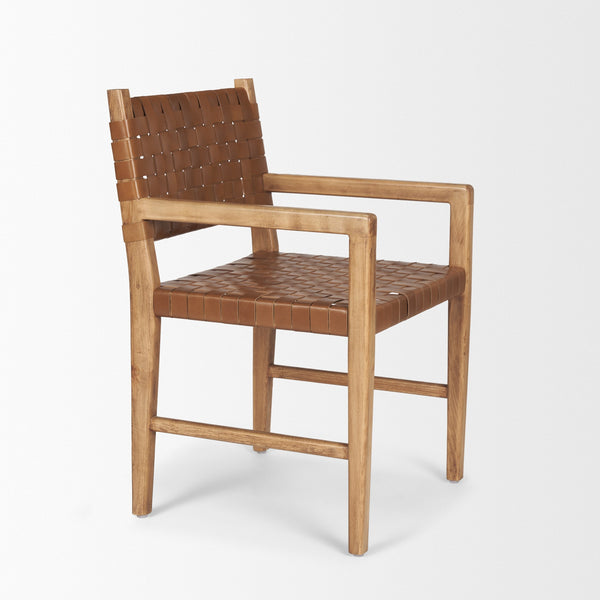 Shane Brown Wood w/ Woven Brown Leather Dining Armchair