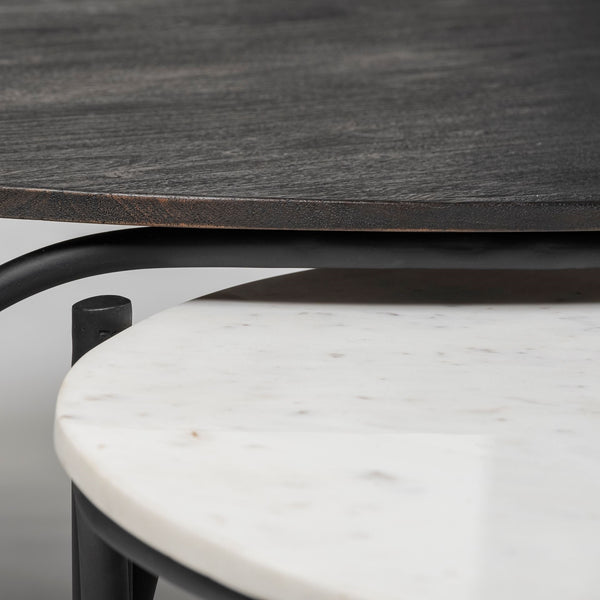 Etienne 36" Round White Marble Top Black Metal Base Coffee Table