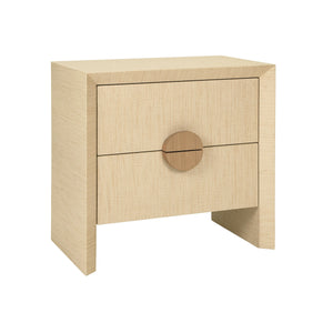 TWO DRAWER SIDE TABLE IN NATURAL GRASSCLOTH WITH CERUSED OAK HANDLES