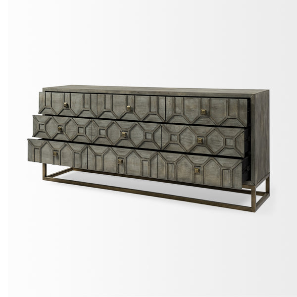 Genevieve II 70x15.8 Gray Fir Veneer W/Gold Metal Frame Base 9 Drawer Sideboard