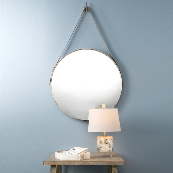 Round Steel Round Wall Mirror, White Hide