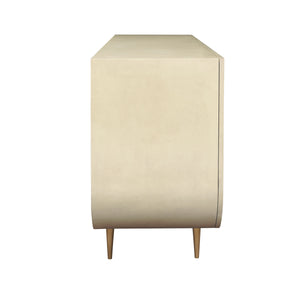 FOUR DOOR BUFFET WITH CURVED BOTTOM CORNERS AND STONE HARDWARE IN FAUX PARCHMENT