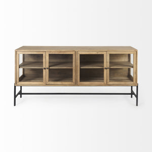 Arelius 70L x 18W x 32H Light Brown Wood, Black Metal Base w/ 4 Glass Cabinet Doors Sideboard