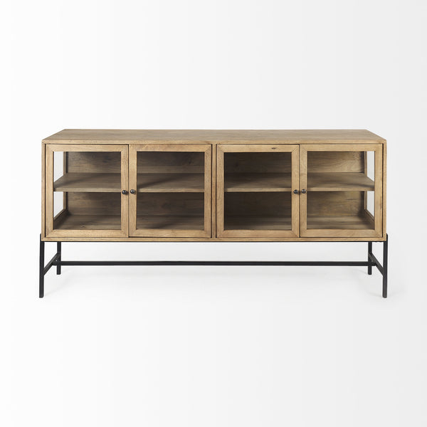 Arelius 70L x 18W x 32H Light Brown Wood, Black Metal Base w/ 4 Glass Cabinet Doors Sideboard