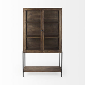 Arelius 36L x 18W x 63H Medium Brown Wood W/ Black Metal Base Display Cabinet