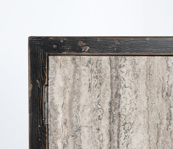 Lisbon Solid Wood 6Dr Cabinet - Weathered Black/Travertine