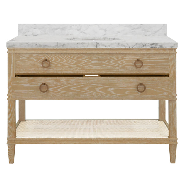 BATH VANITY IN CERUSED OAK WITH OPEN CANE SHELF, WHITE MARBLE TOP, PORCELAIN SINK, AND ANTIQUE BRASS RING HARDWARE, 48" WIDE
