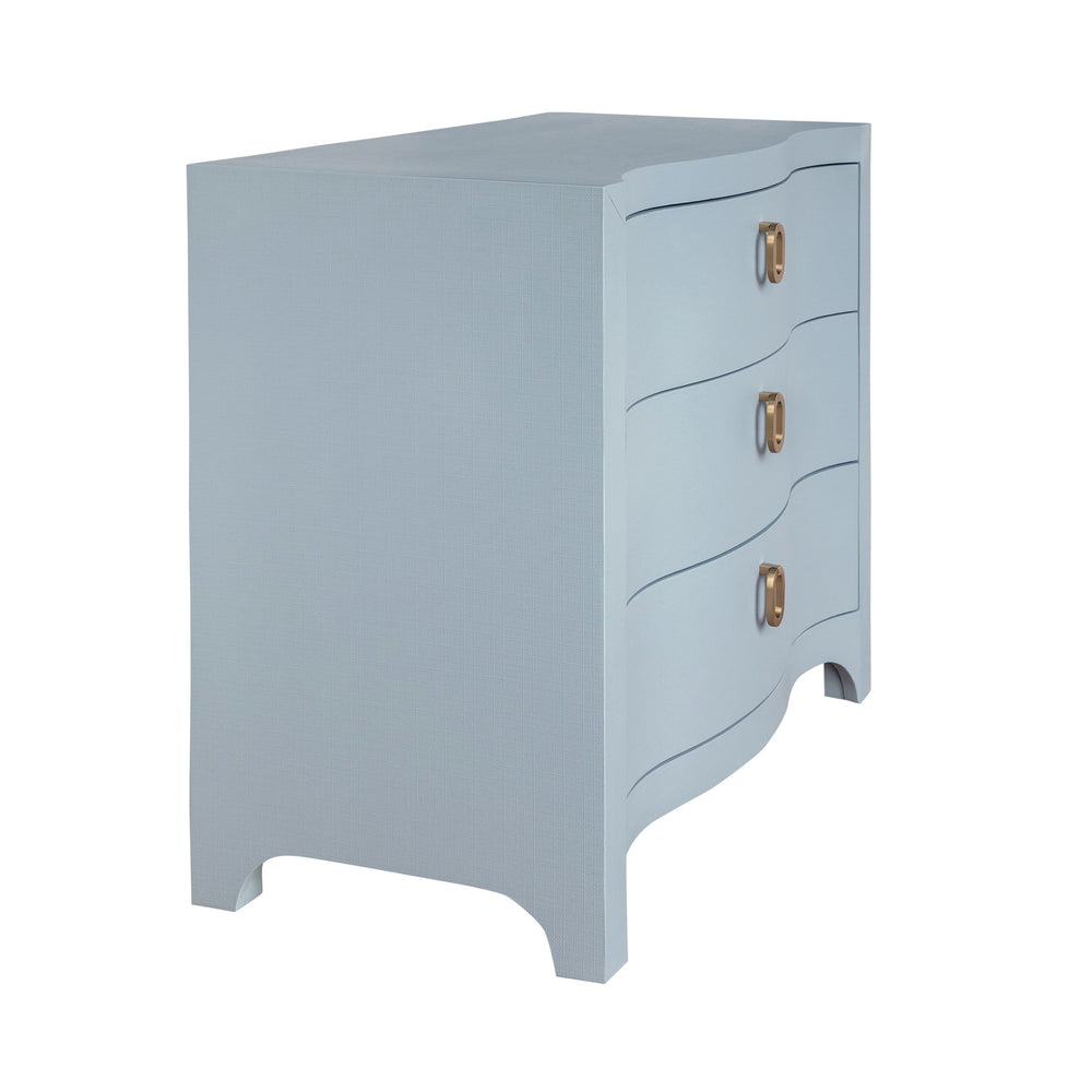 CURVED FRONT CHEST WITH THREE DRAWERS IN WHITE LIGHT BLUE TEXTURED LINEN WITH SATIN BRASS RING HARDWARE