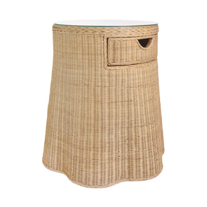 ONE DRAWER ROUND SIDE TABLE WITH FLARED SCALLOPED BASE IN RATTAN WITH GLASS TOP