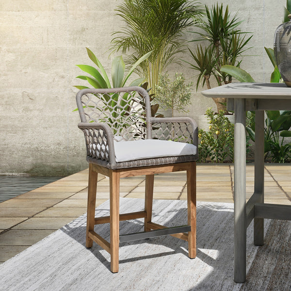 Paulo Outdoor Counter Stool - Gray Teak & Olefin
