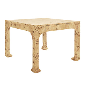 SQUARE TWO DRAWER PAGODA STYLE GAME TABLE IN BURL WOOD