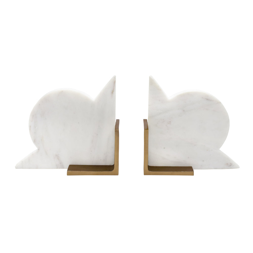 PAIR OF GEOMETRIC WHITE MARBLE BOOKENDS WITH BRASS DETAIL