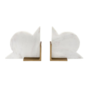 PAIR OF GEOMETRIC WHITE MARBLE BOOKENDS WITH BRASS DETAIL
