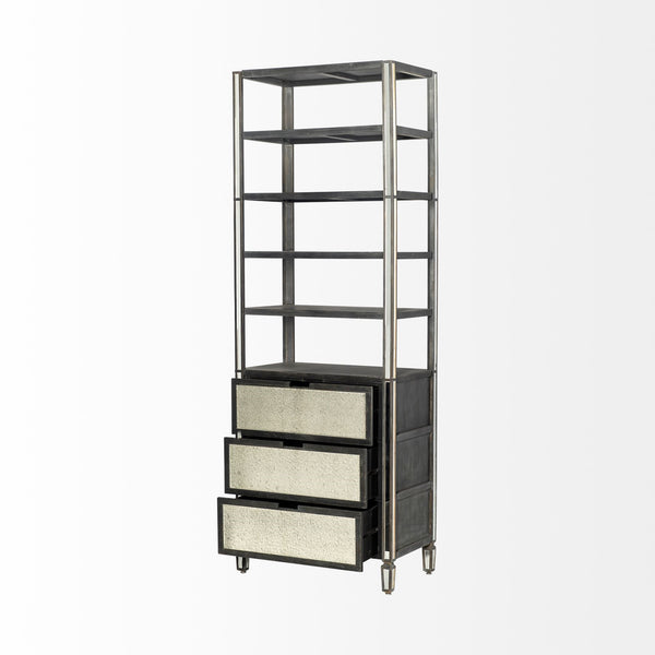 Sunnyvale 32L x 18W x 90H Dark Brown Solid Wood and Mirrored Glass Four Shelf Shelving Unit