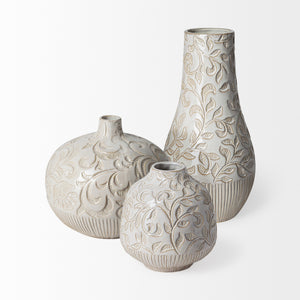 Jadiza II Medium White Glaze Floral Pattern Vase