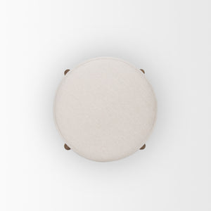 Gwynn Oatmeal Fabric w/ Dark Brown Wood Pouf