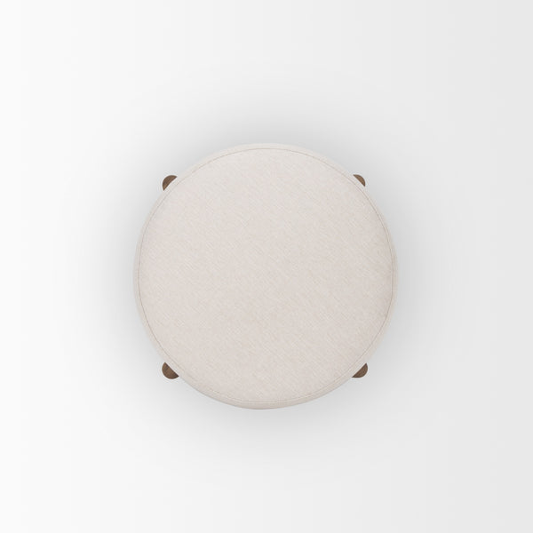Gwynn Oatmeal Fabric w/ Dark Brown Wood Pouf