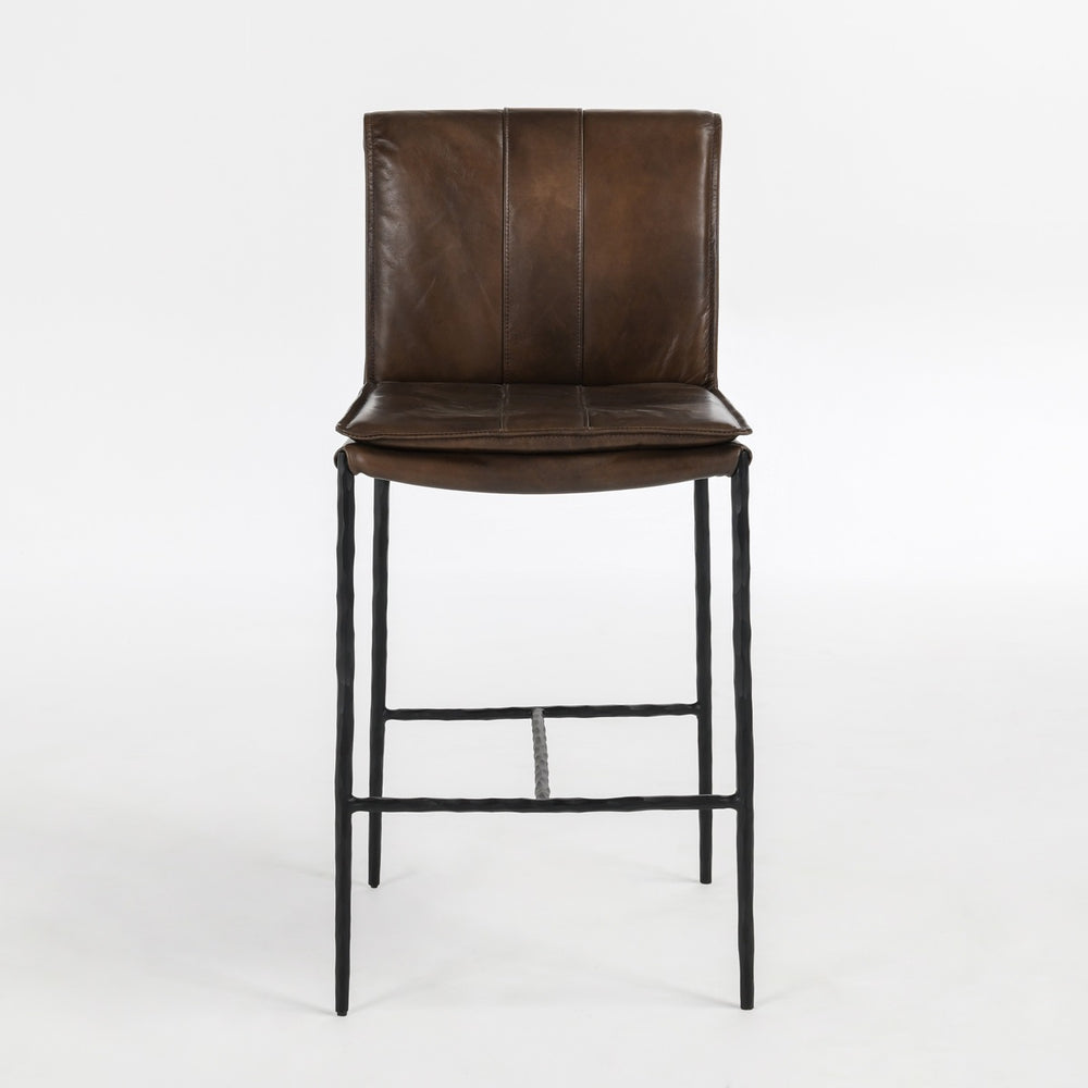 Mayer Leather Counter Stool with Hammered Iron Legs
