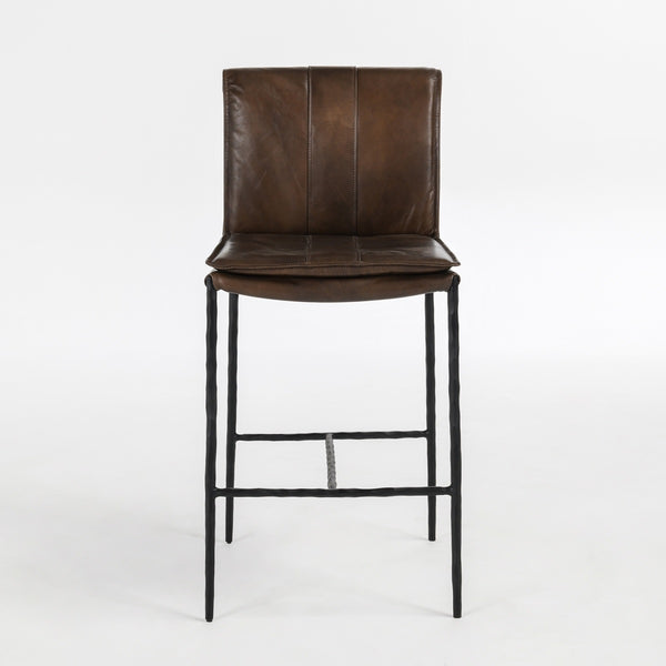 Mayer Leather Counter Stool with Hammered Iron Legs