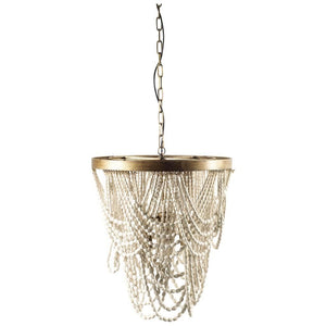 Pendra (26"x23") Gold Metal Whitewashed Wooden Bead Three Bulb Chandelier